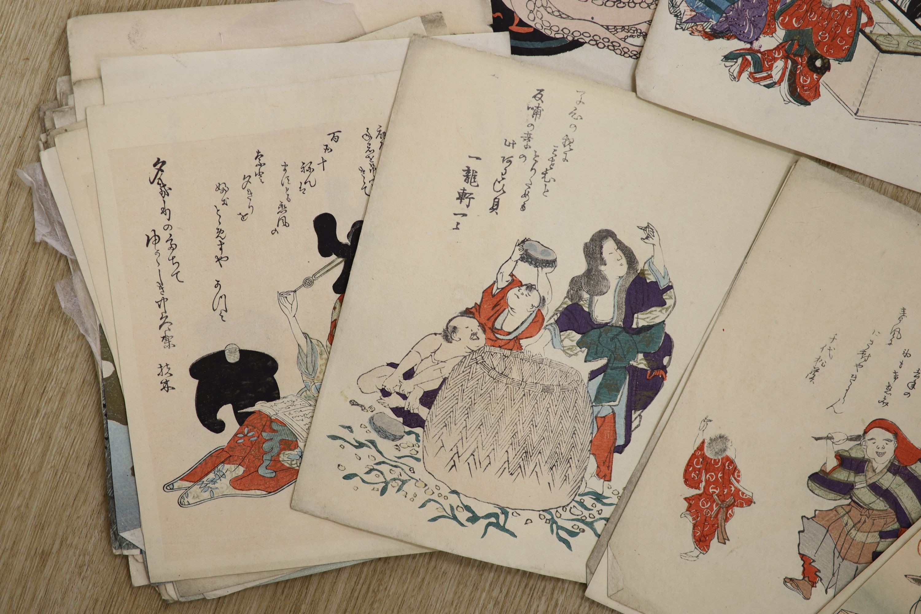 Japanese School, a group of unframed woodblock prints including studies of fish, 22 x 18cm
